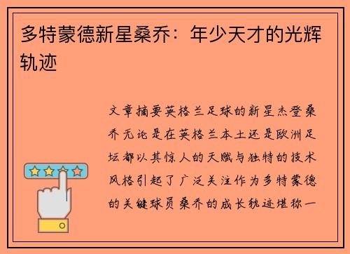 多特蒙德新星桑乔：年少天才的光辉轨迹